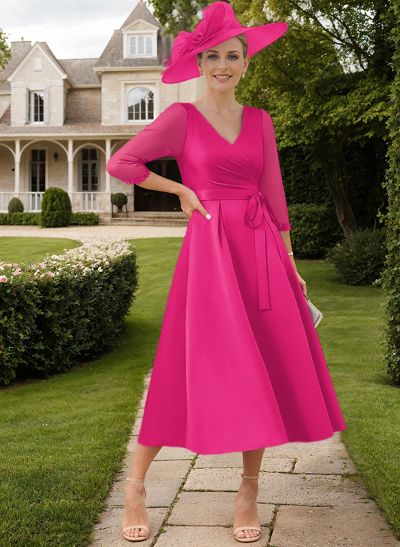 A-Line V-Neck 3/4 Sleeves Satin/Chiffon Mother Of The Bride Dresses With Bow(s)