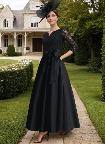 A-Line V-Neck 3/4 Sleeves Satin Mother Of The Bride Dresses With Bow(s)/Lace