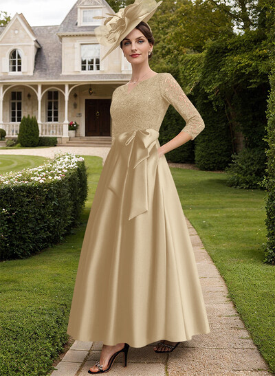 A-Line V-Neck 3/4 Sleeves Satin Mother Of The Bride Dresses With Bow(s)/Lace
