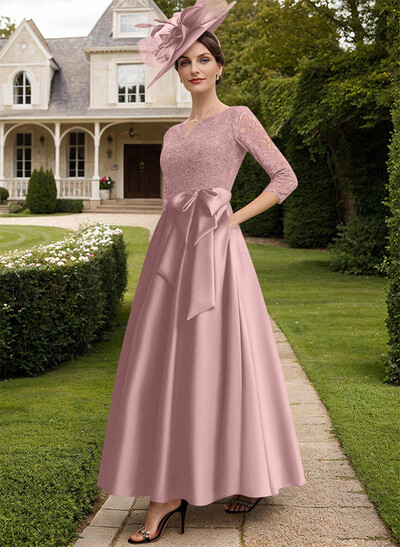 A-Line V-Neck 3/4 Sleeves Satin Mother Of The Bride Dresses With Bow(s)/Lace
