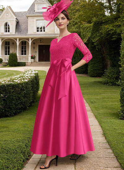 A-Line V-Neck 3/4 Sleeves Satin Mother Of The Bride Dresses With Bow(s)/Lace