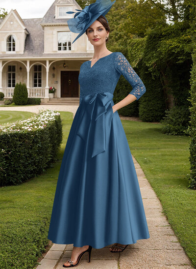 A-Line V-Neck 3/4 Sleeves Satin Mother Of The Bride Dresses With Bow(s)/Lace
