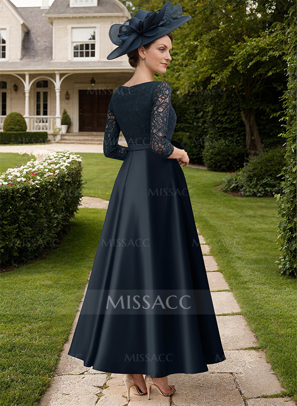 A-Line V-Neck 3/4 Sleeves Satin Mother Of The Bride Dresses With Bow(s)/Lace