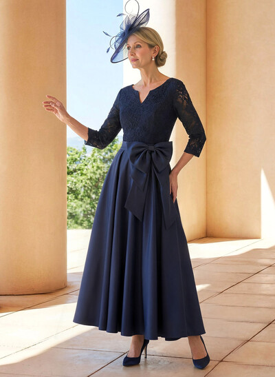 A-Line V-Neck 3/4 Sleeves Satin Mother Of The Bride Dresses With Bow(s)/Lace