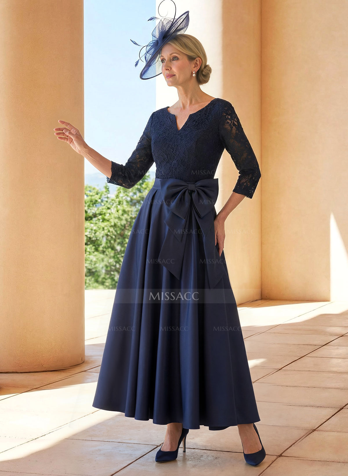 A-Line V-Neck 3/4 Sleeves Satin Mother Of The Bride Dresses With Bow(s)/Lace