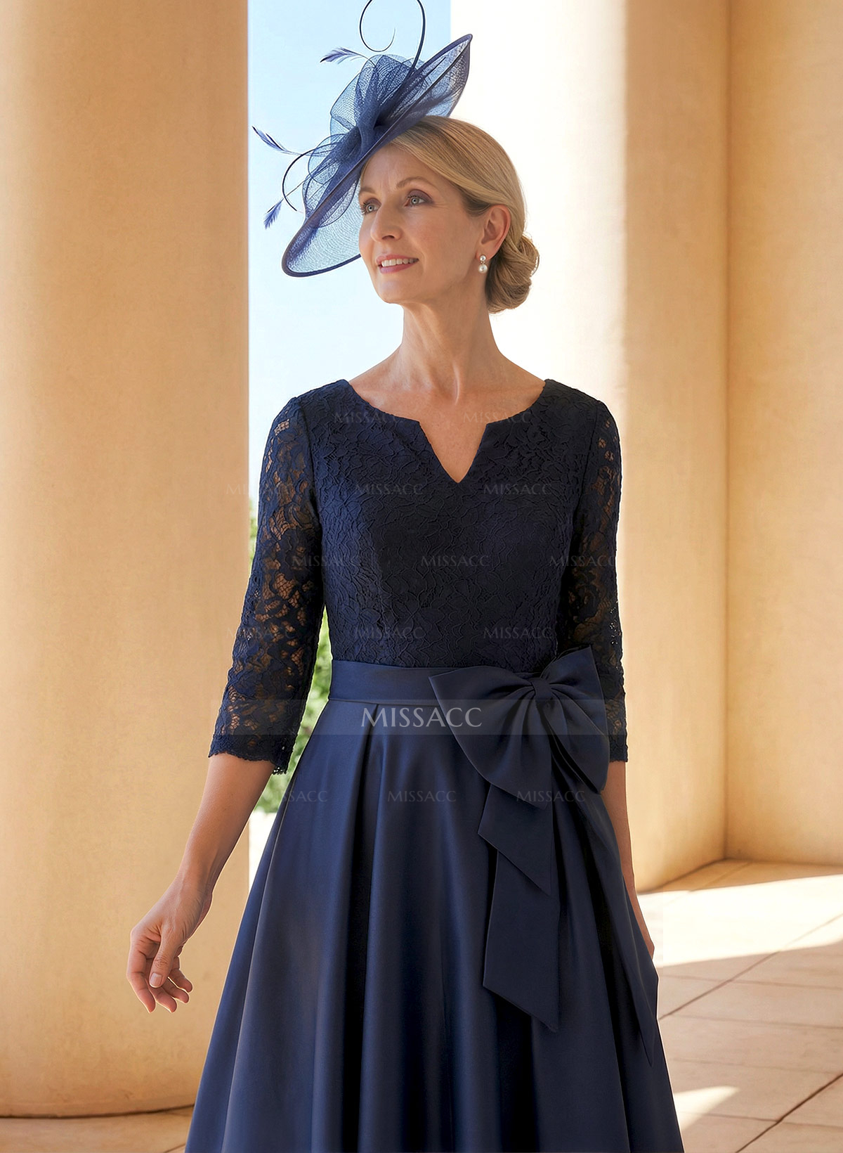 A-Line V-Neck 3/4 Sleeves Satin Mother Of The Bride Dresses With Bow(s)/Lace