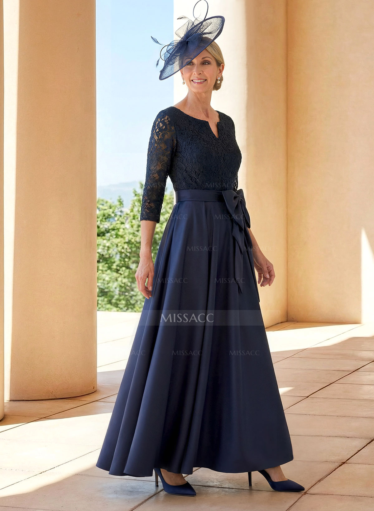 A-Line V-Neck 3/4 Sleeves Satin Mother Of The Bride Dresses With Bow(s)/Lace