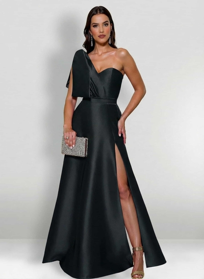 A-Line One-Shoulder Satin Mother Of The Bride Dresses With Bow(s)/High Split