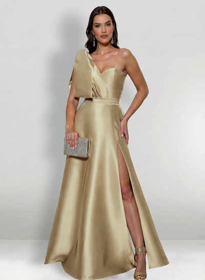 A-Line One-Shoulder Satin Mother Of The Bride Dresses With Bow(s)/High Split
