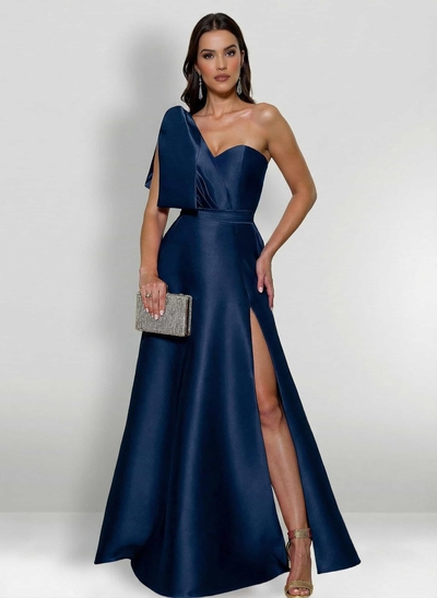 A-Line One-Shoulder Satin Mother Of The Bride Dresses With Bow(s)/High Split