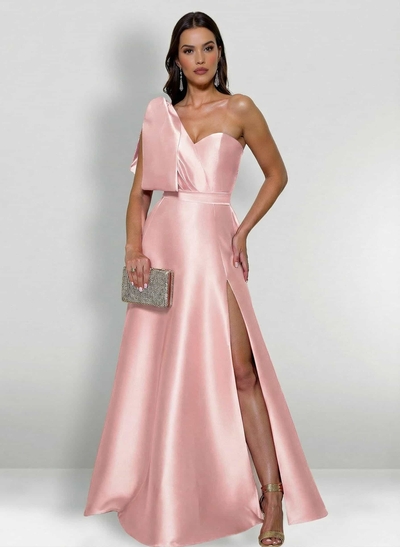 A-Line One-Shoulder Satin Mother Of The Bride Dresses With Bow(s)/High Split