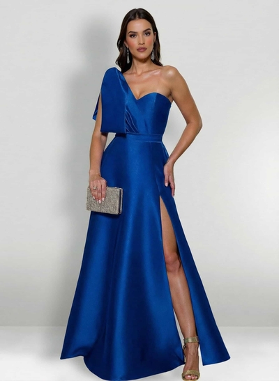 A-Line One-Shoulder Satin Mother Of The Bride Dresses With Bow(s)/High Split