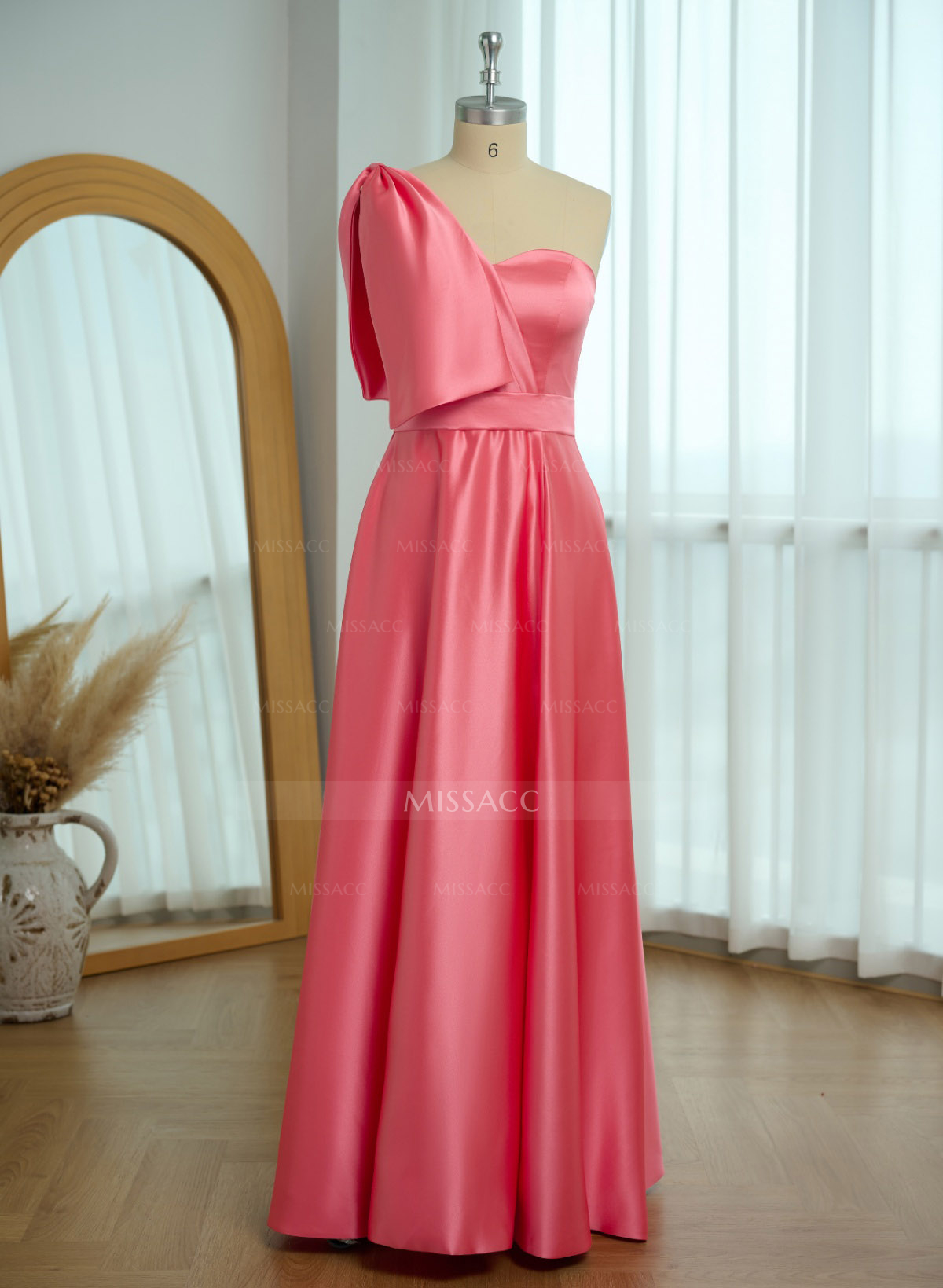A-Line One-Shoulder Satin Mother Of The Bride Dresses With Bow(s)/High Split