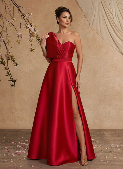 A-Line One-Shoulder Satin Mother Of The Bride Dresses With Bow(s)/High Split