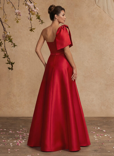 A-Line One-Shoulder Satin Mother Of The Bride Dresses With Bow(s)/High Split