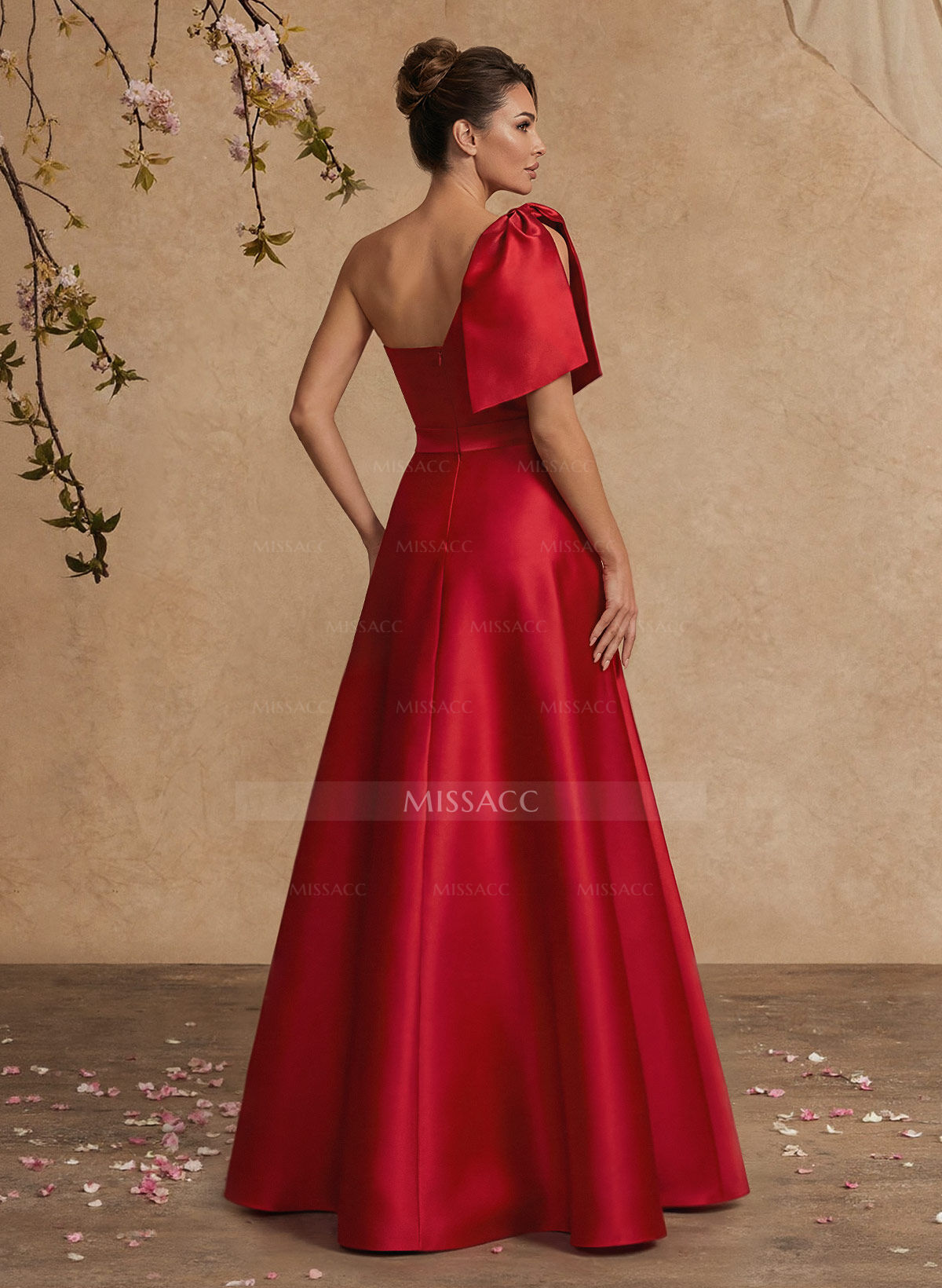 A-Line One-Shoulder Satin Mother Of The Bride Dresses With Bow(s)/High Split