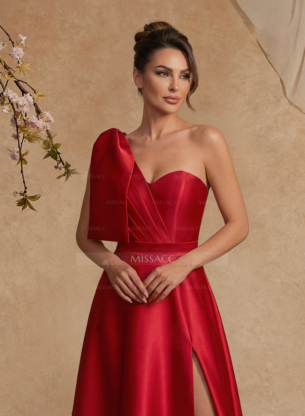 A-Line One-Shoulder Satin Mother Of The Bride Dresses With Bow(s)/High Split