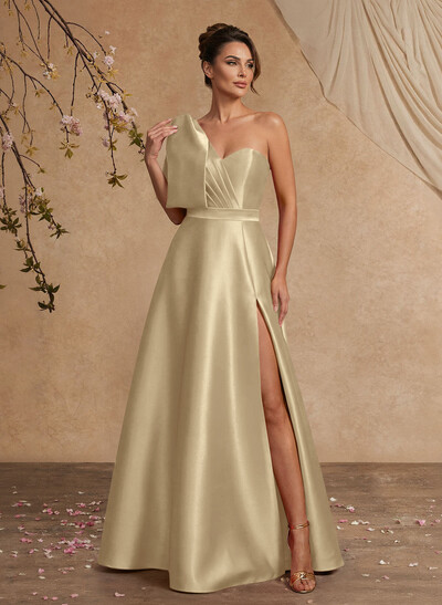 A-Line One-Shoulder Satin Mother Of The Bride Dresses With Bow(s)/High Split