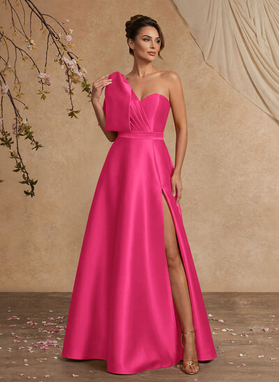 A-Line One-Shoulder Satin Mother Of The Bride Dresses With Bow(s)/High Split