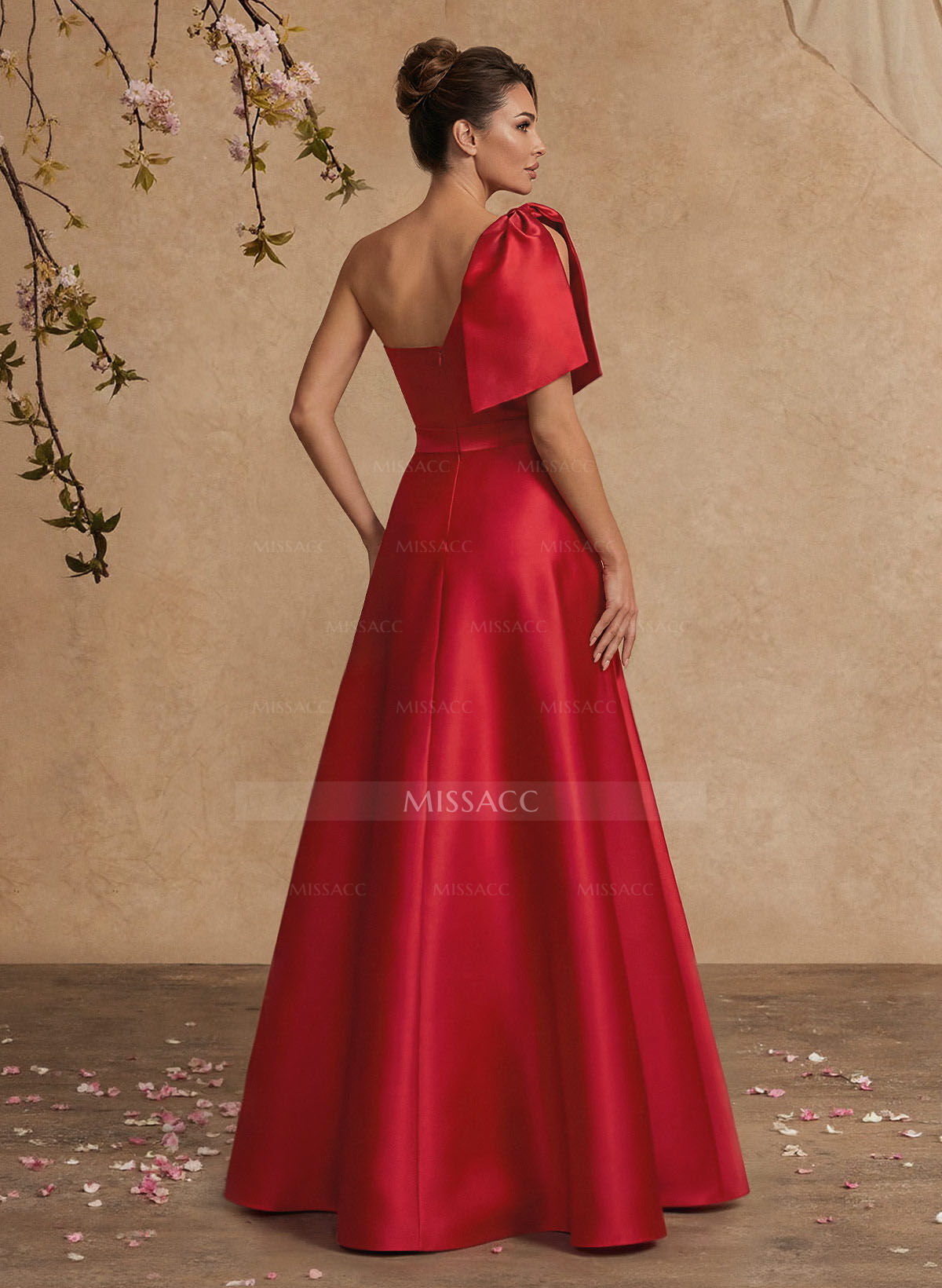 A-Line One-Shoulder Satin Mother Of The Bride Dresses With Bow(s)/High Split