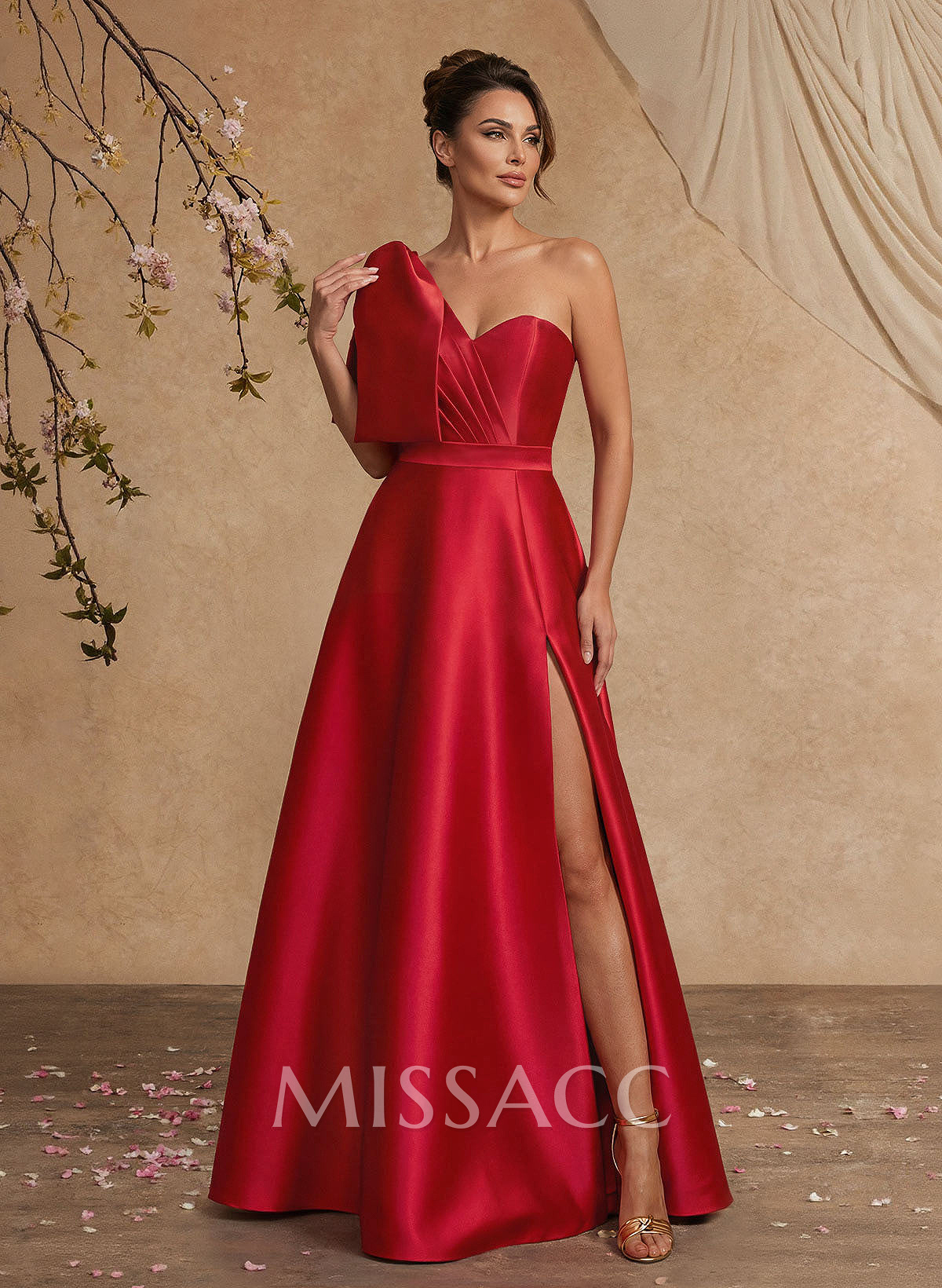A-Line One-Shoulder Satin Mother Of The Bride Dresses With Bow(s)/High Split