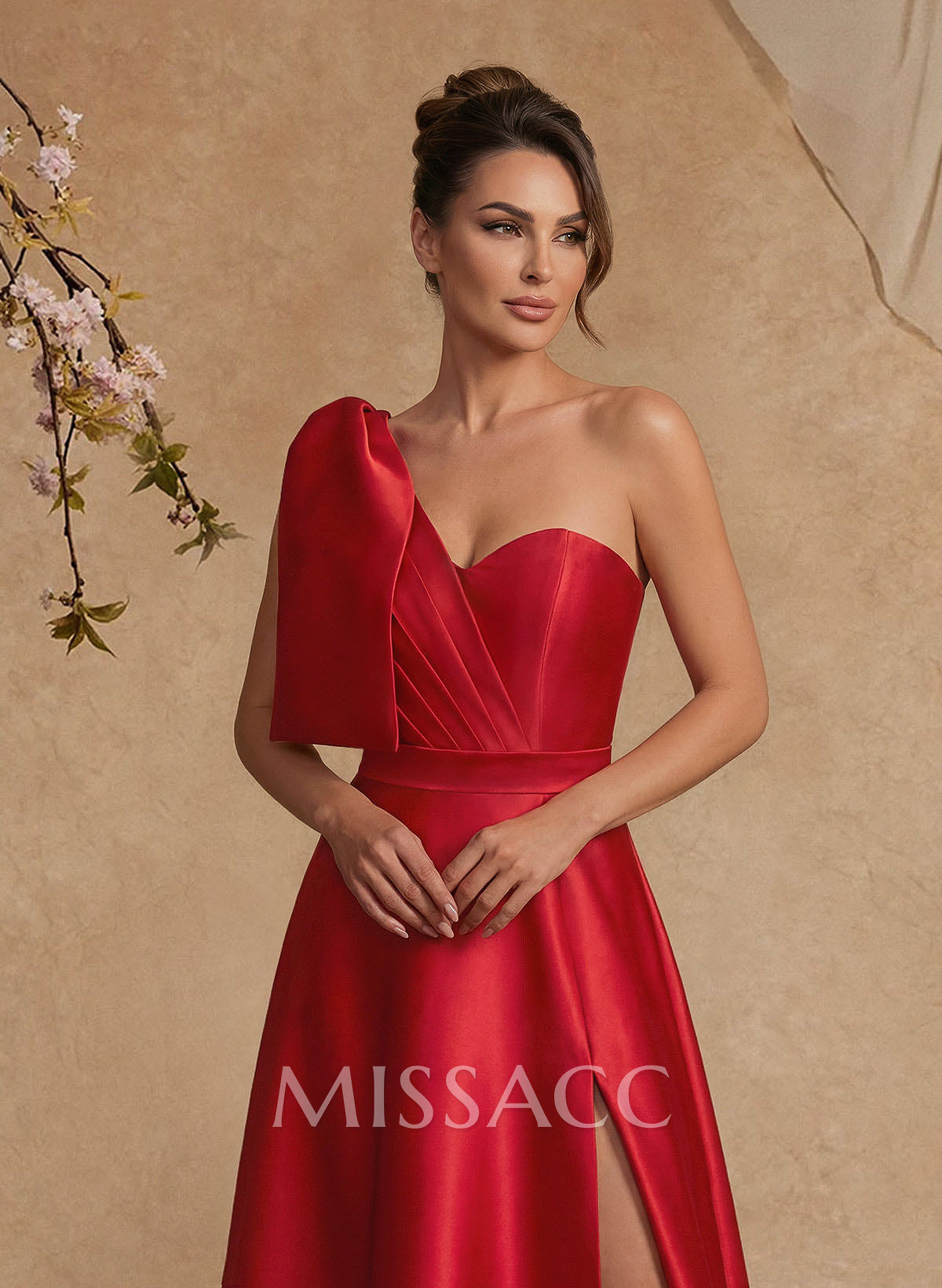 A-Line One-Shoulder Satin Mother Of The Bride Dresses With Bow(s)/High Split