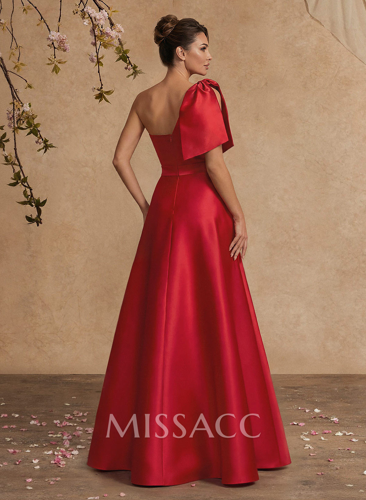 A-Line One-Shoulder Satin Mother Of The Bride Dresses With Bow(s)/High Split