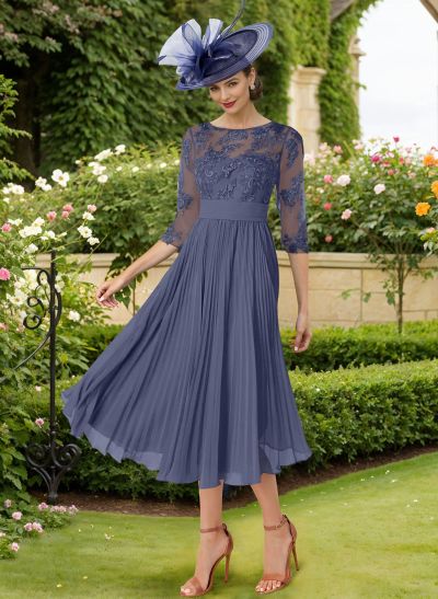 A-Line Illusion Neck Chiffon Mother Of The Bride Dresses With Lace/Pleated