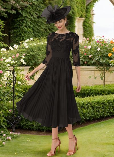 A-Line Illusion Neck Chiffon Mother Of The Bride Dresses With Lace/Pleated