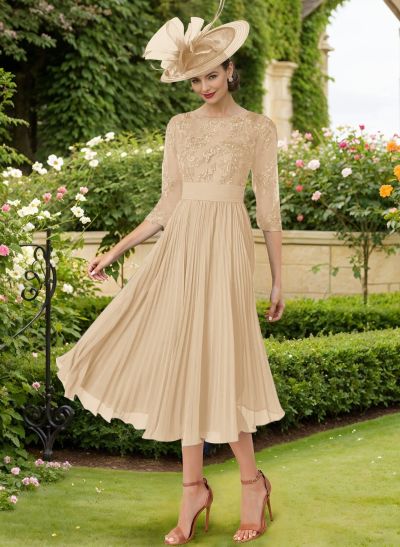 A-Line Illusion Neck Chiffon Mother Of The Bride Dresses With Lace/Pleated