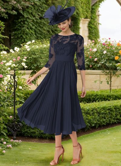 A-Line Illusion Neck Chiffon Mother Of The Bride Dresses With Lace/Pleated