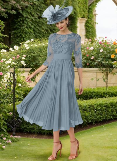 A-Line Illusion Neck Chiffon Mother Of The Bride Dresses With Lace/Pleated