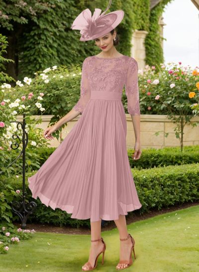 A-Line Illusion Neck Chiffon Mother Of The Bride Dresses With Lace/Pleated