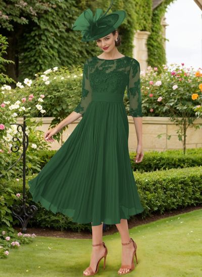 A-Line Illusion Neck Chiffon Mother Of The Bride Dresses With Lace/Pleated