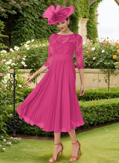 A-Line Illusion Neck Chiffon Mother Of The Bride Dresses With Lace/Pleated