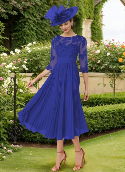 A-Line Illusion Neck Chiffon Mother Of The Bride Dresses With Lace/Pleated