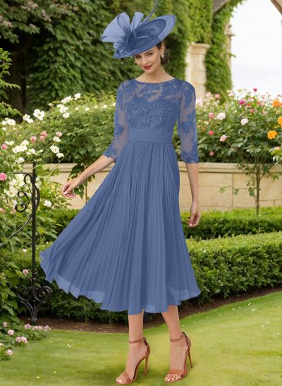 A-Line Illusion Neck Chiffon Mother Of The Bride Dresses With Lace/Pleated