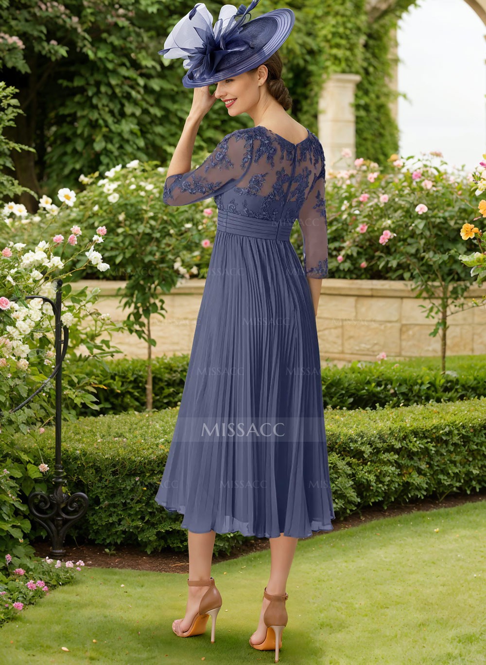 A-Line Illusion Neck Chiffon Mother Of The Bride Dresses With Lace/Pleated