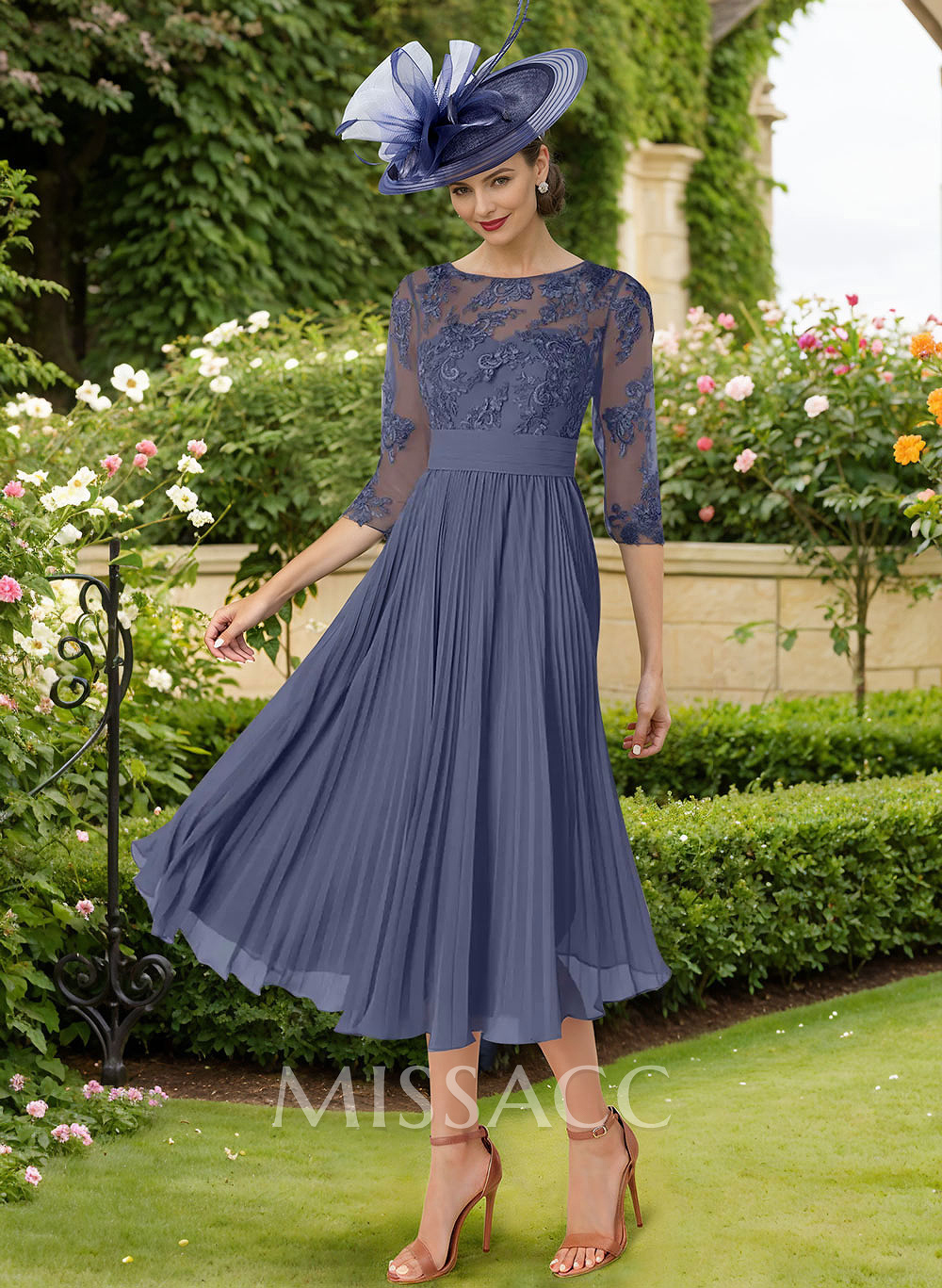 A-Line Illusion Neck Chiffon Mother Of The Bride Dresses With Lace/Pleated
