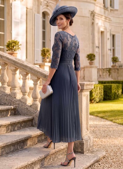 A-Line Illusion Neck Chiffon Mother Of The Bride Dresses With Lace/Pleated