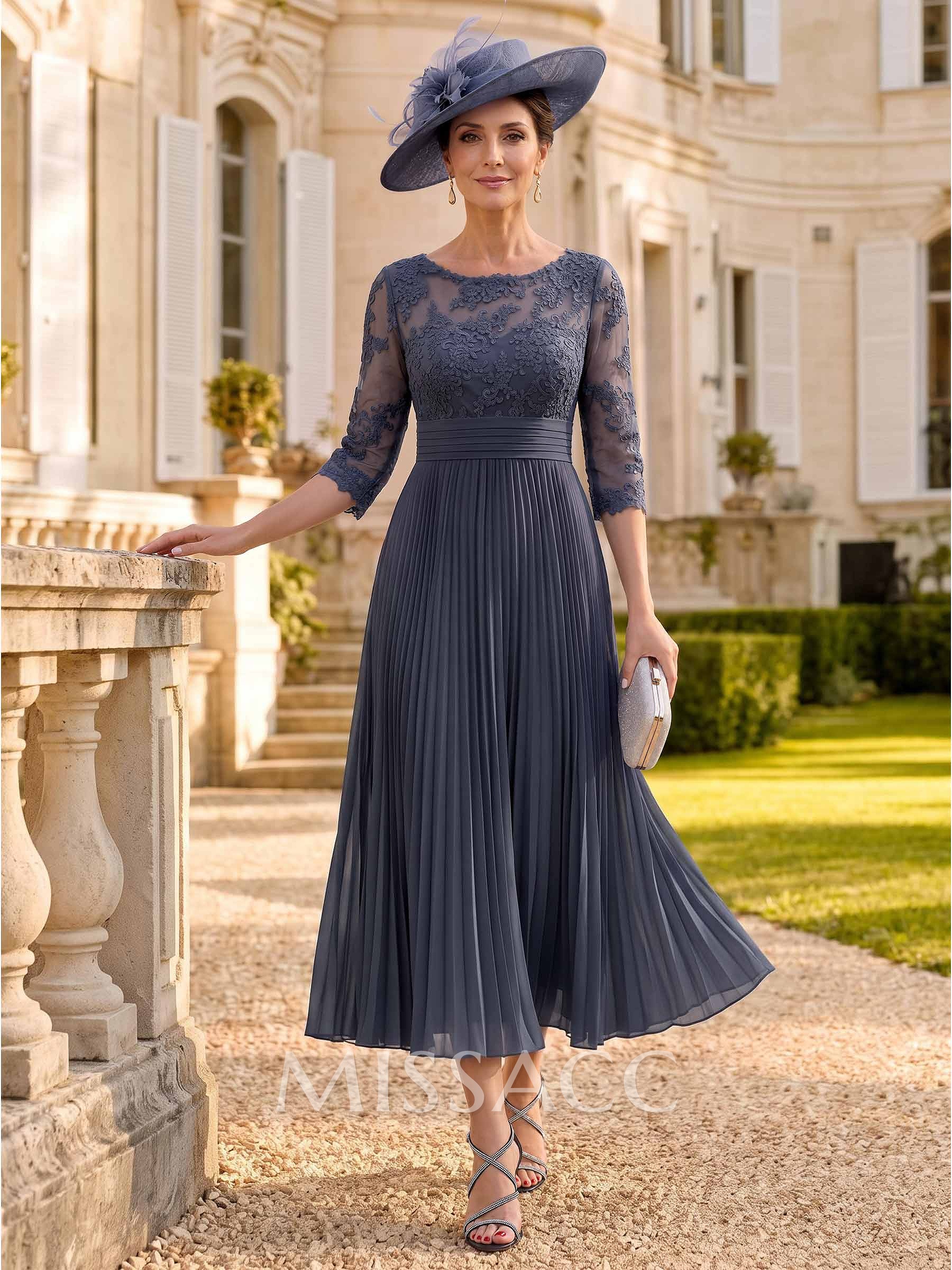 A-Line Illusion Neck Chiffon Mother Of The Bride Dresses With Lace/Pleated