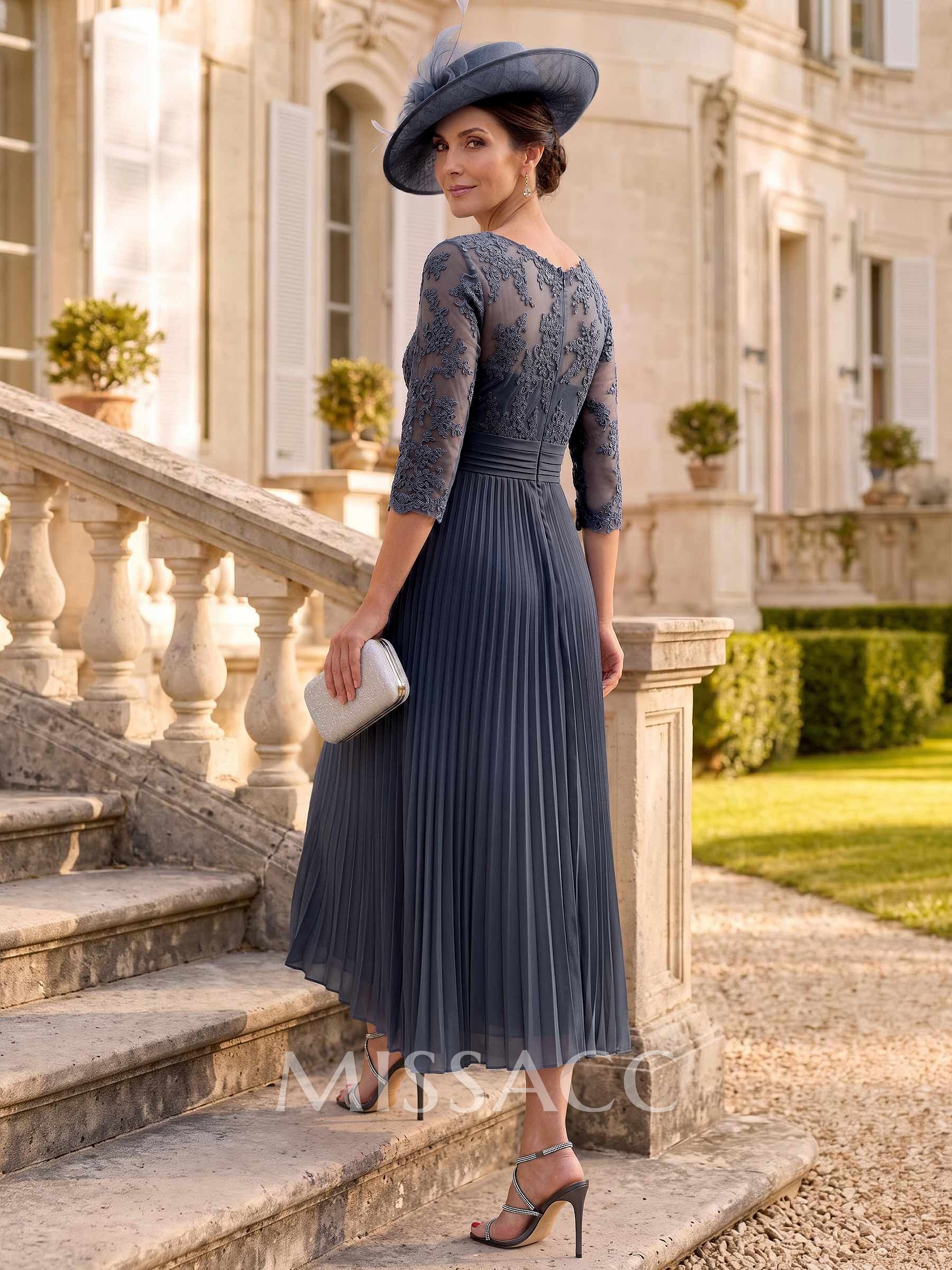 A-Line Illusion Neck Chiffon Mother Of The Bride Dresses With Lace/Pleated