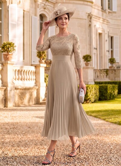 A-Line Illusion Neck Chiffon Mother Of The Bride Dresses With Lace/Pleated