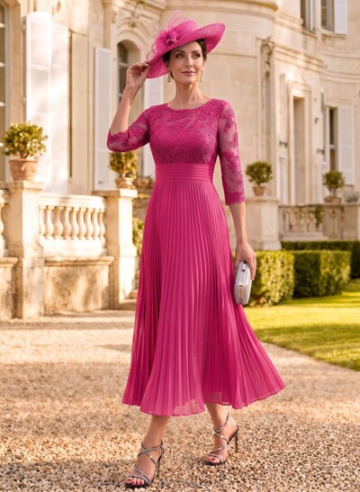 A-Line Illusion Neck Chiffon Mother Of The Bride Dresses With Lace/Pleated