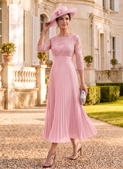 A-Line Illusion Neck Chiffon Mother Of The Bride Dresses With Lace/Pleated