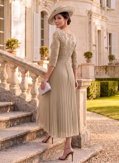 A-Line Illusion Neck Chiffon Mother Of The Bride Dresses With Lace/Pleated
