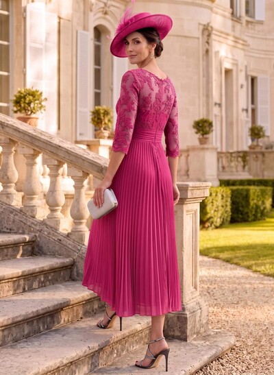 A-Line Illusion Neck Chiffon Mother Of The Bride Dresses With Lace/Pleated