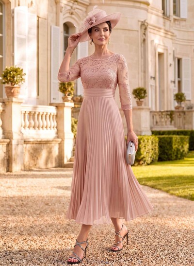 A-Line Illusion Neck Chiffon Mother Of The Bride Dresses With Lace/Pleated