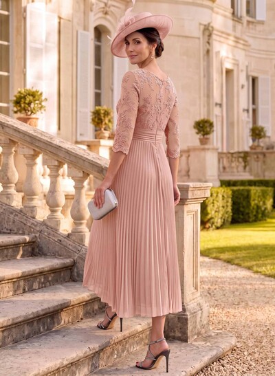 A-Line Illusion Neck Chiffon Mother Of The Bride Dresses With Lace/Pleated