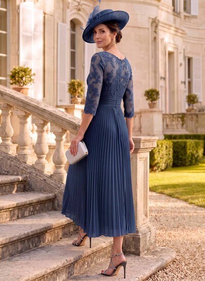 A-Line Illusion Neck Chiffon Mother Of The Bride Dresses With Lace/Pleated